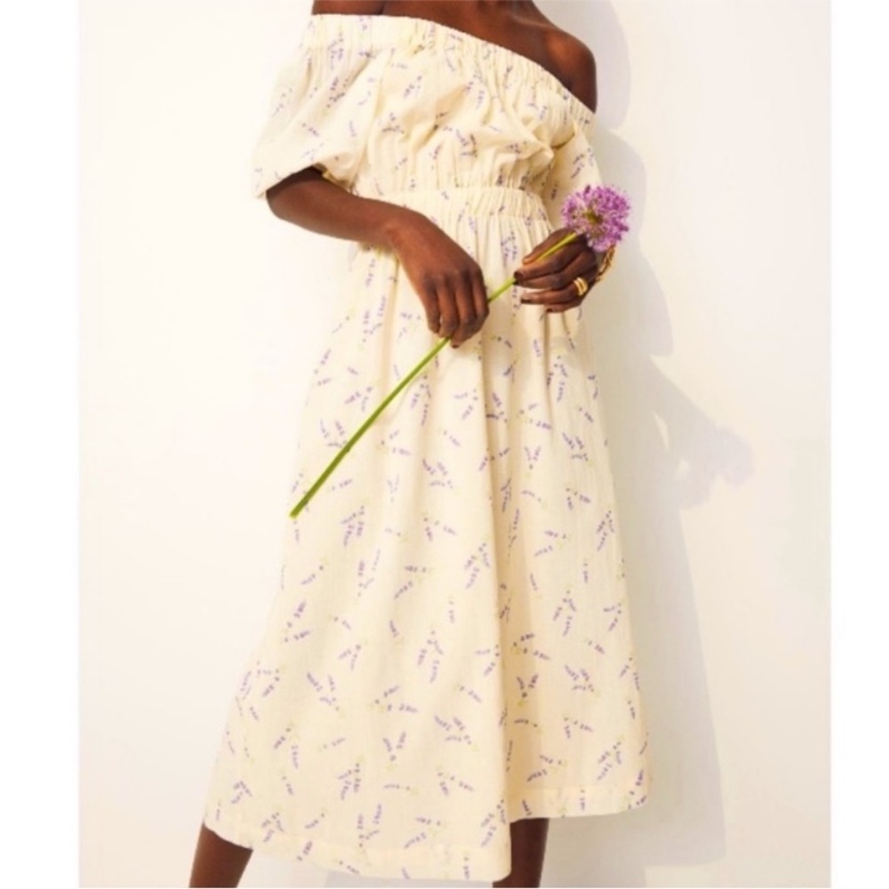 H&M Wildflower Collection Off Shoulder Midi Dress Cream Medium